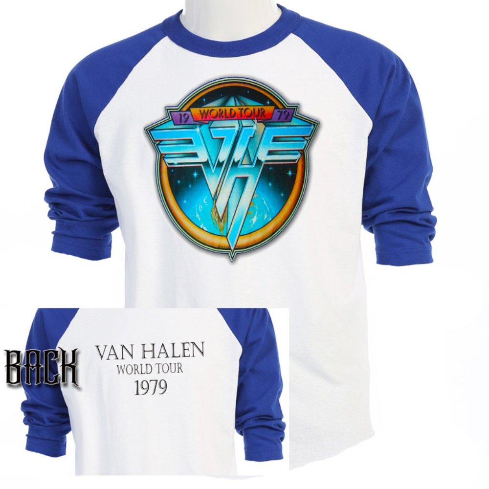 VAN HALEN, 1979 TOUR, Men's Replica Concert MENS Blue Baseball Tee T-452